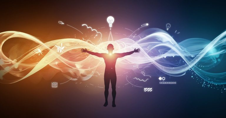 Silhouette of a person embracing waves of energy and light, symbolizing the flow of creativity and innovation, with bright ideas and inspirations illustrated in the background.